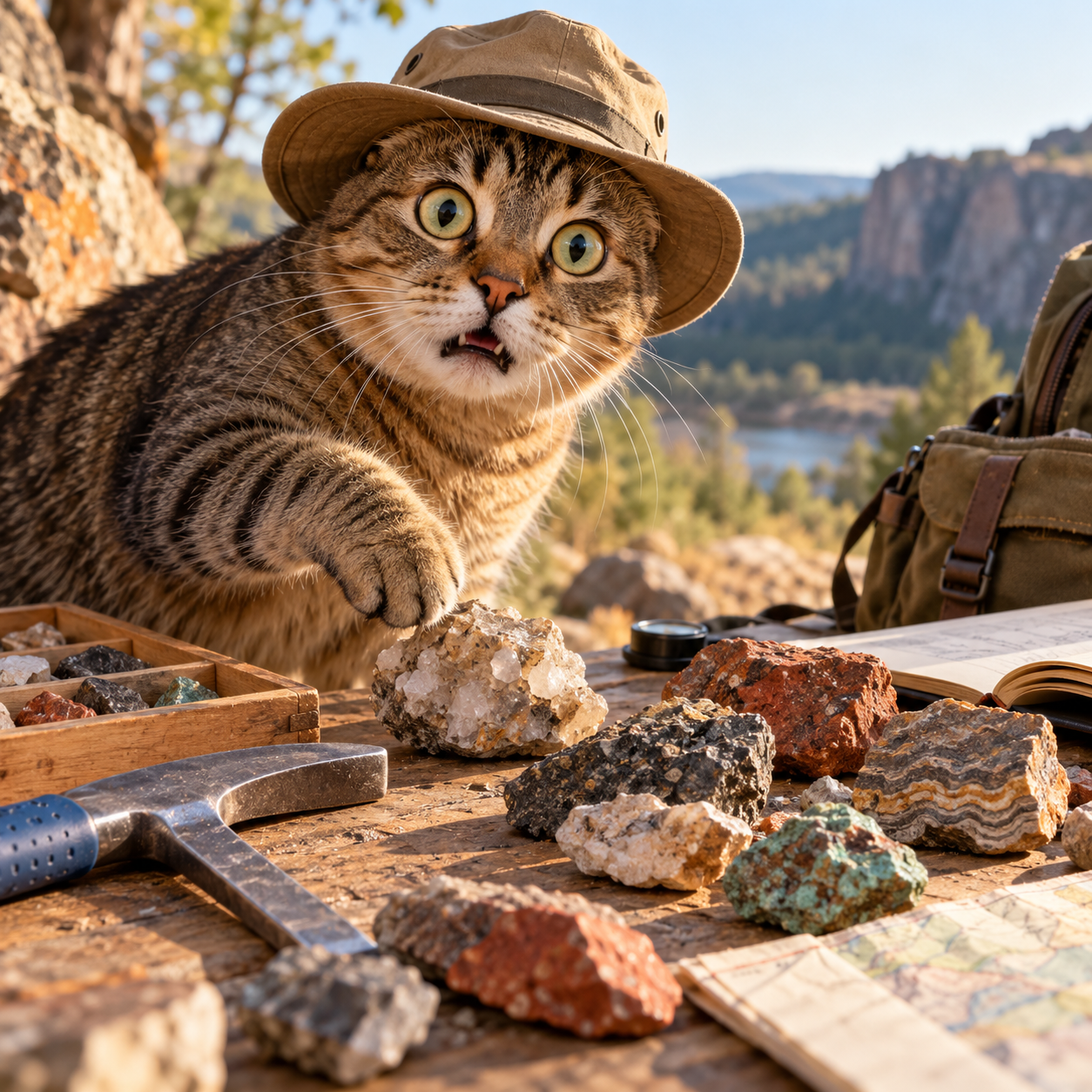 Chat surpris, coiffé d’un chapeau de géologue, la patte au-dessus d’une collection de roches.